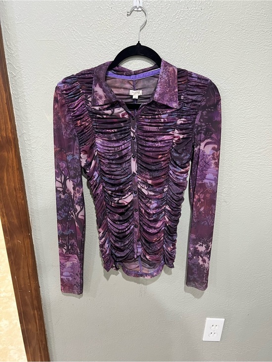 Pilcro Tops - Pilcro Purple Ruched Button-Front Floral Print Shirt Size Small EUC Whimsical
